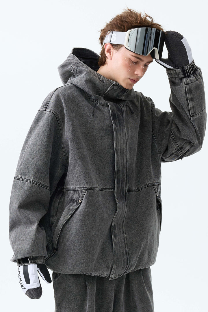 Men's Washed Charcoal Real Denim Waterproof Rivet Trim Snow Jackets