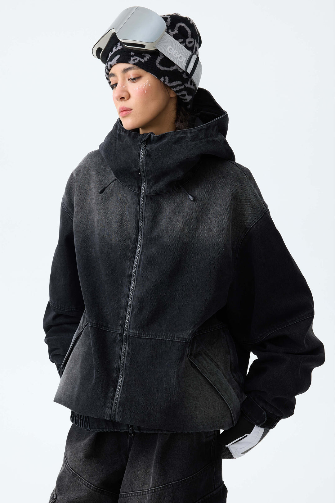 Women's Washed Black Real Denim Vintage Utility Snow Jackets