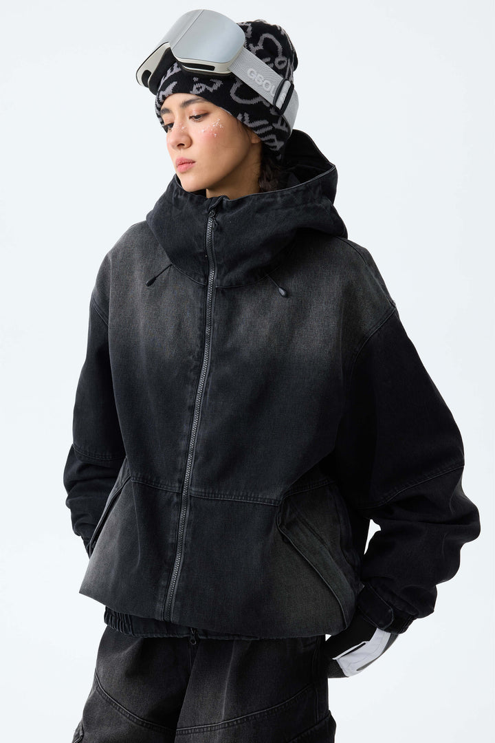 Women's Washed Black Real Denim Vintage Utility Snow Jackets