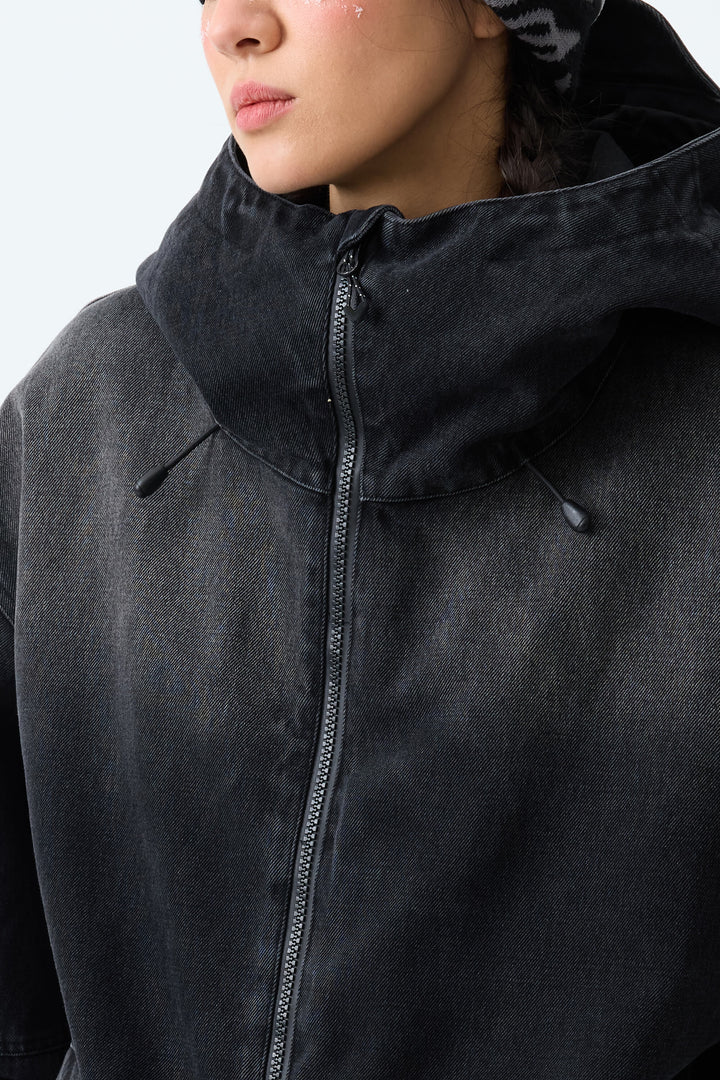 Women's Washed Black Real Denim Vintage Utility Snow Jackets