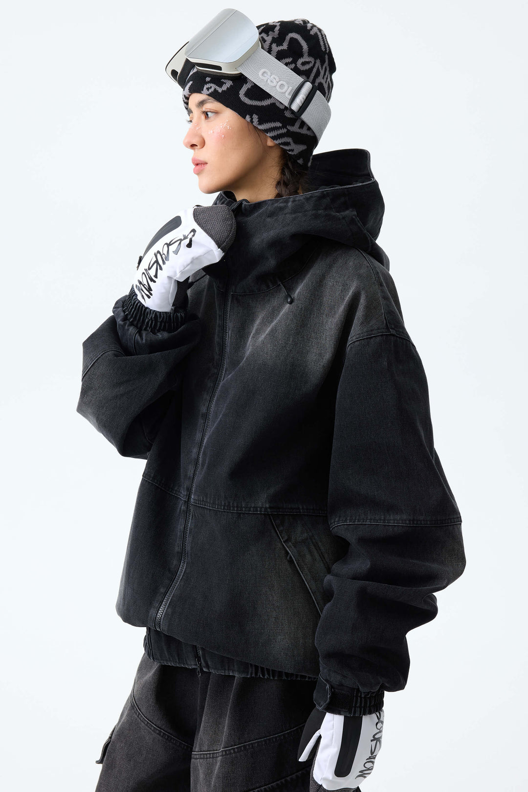 Women's Washed Black Real Denim Vintage Utility Snow Jackets