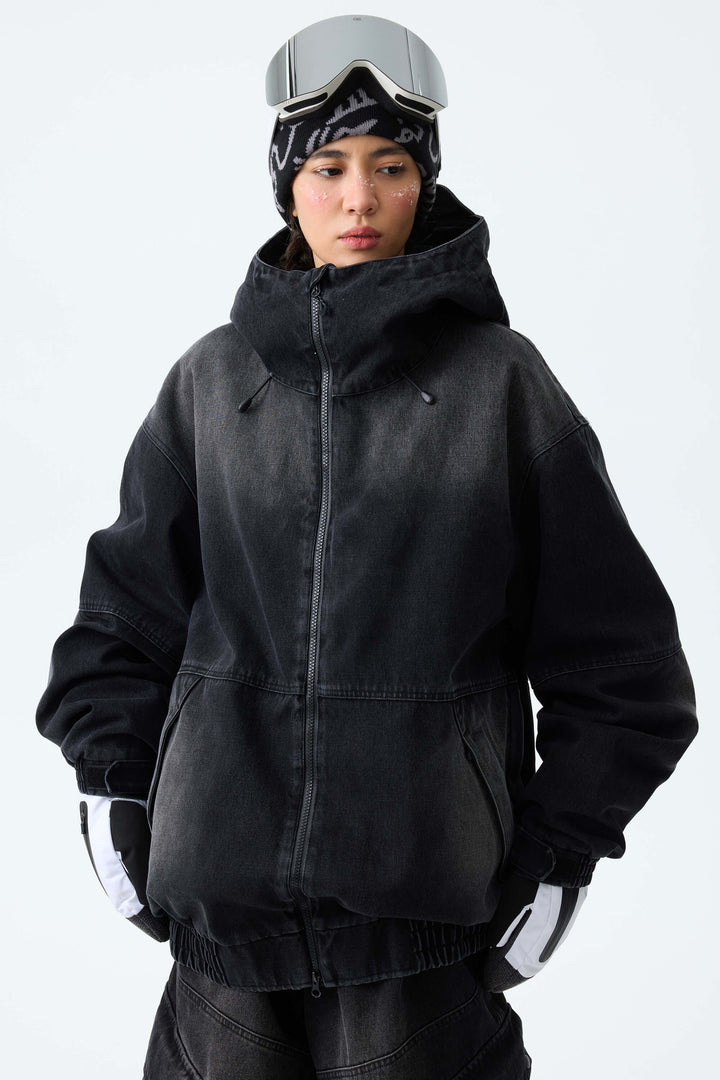Women's Washed Black Real Denim Vintage Utility Snow Jackets