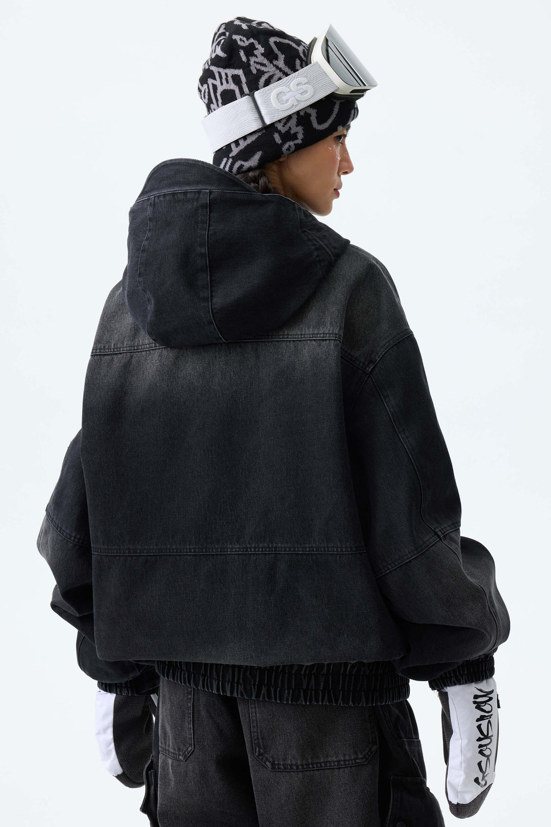 Women's Washed Black Real Denim Vintage Utility Snow Jackets