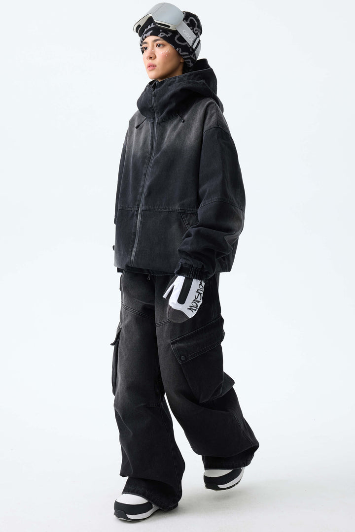 Women's Washed Black Real Denim Vintage Utility Snow Jackets