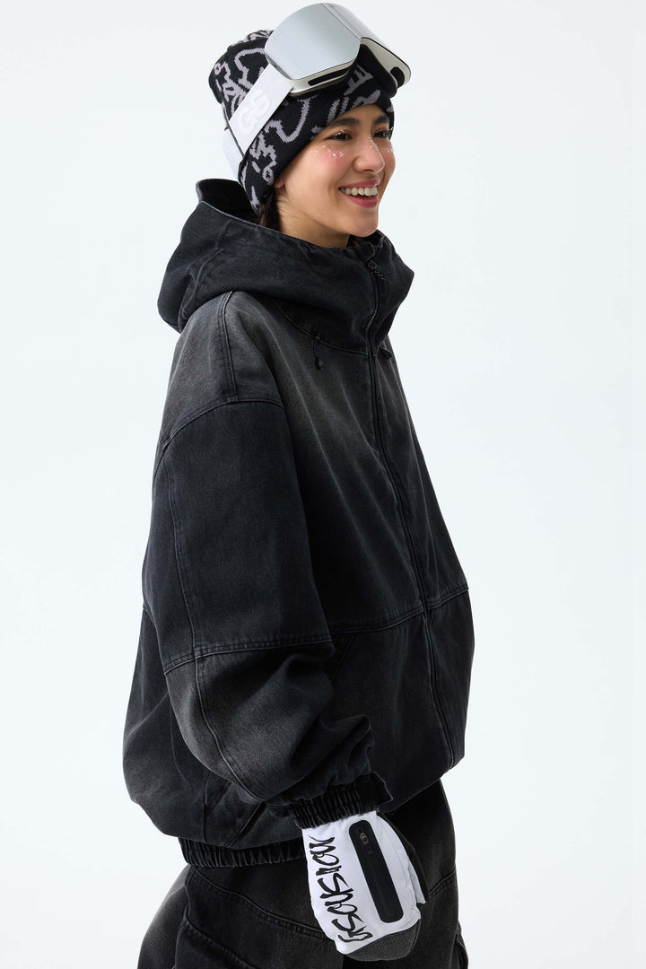 Women's Washed Black Real Denim Vintage Utility Snow Jackets