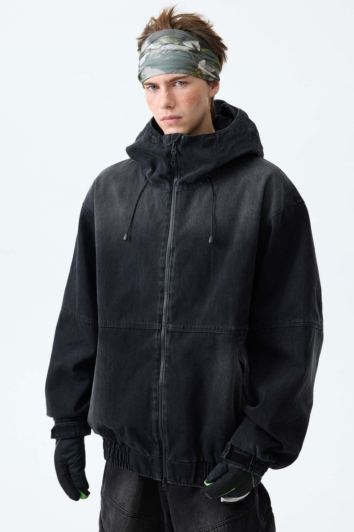 Men's Washed Black Real Denim Vintage Utility Snow Jackets