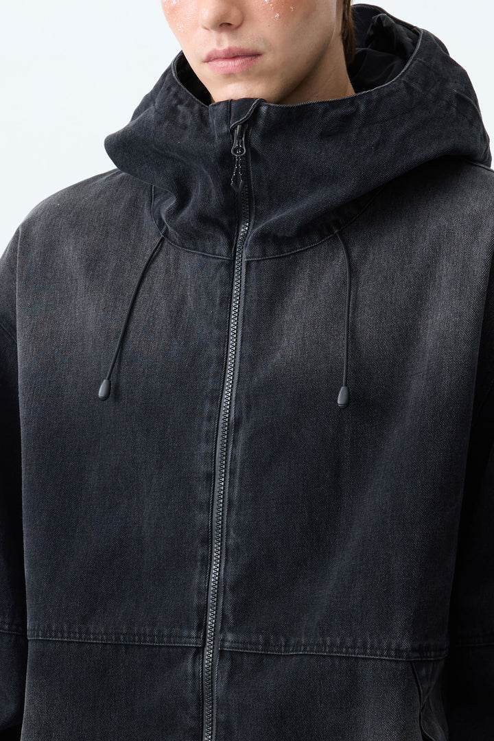 Men's Washed Black Real Denim Vintage Utility Snow Jackets