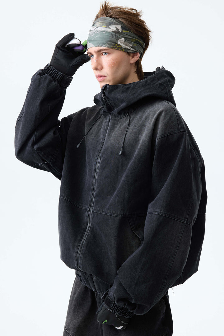 Men's Washed Black Real Denim Vintage Utility Snow Jackets