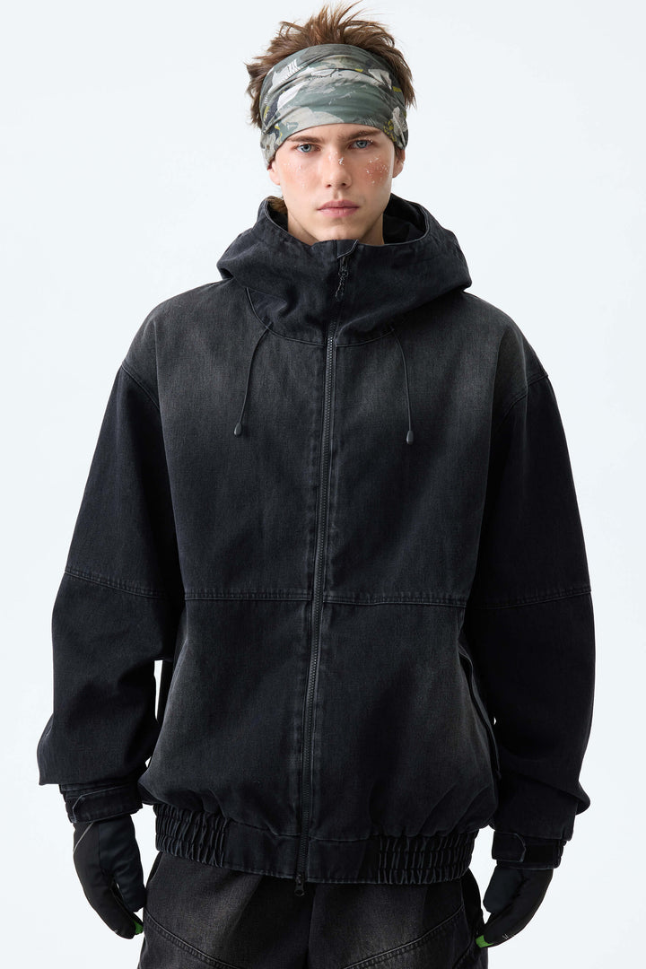 Men's Washed Black Real Denim Vintage Utility Snow Jackets