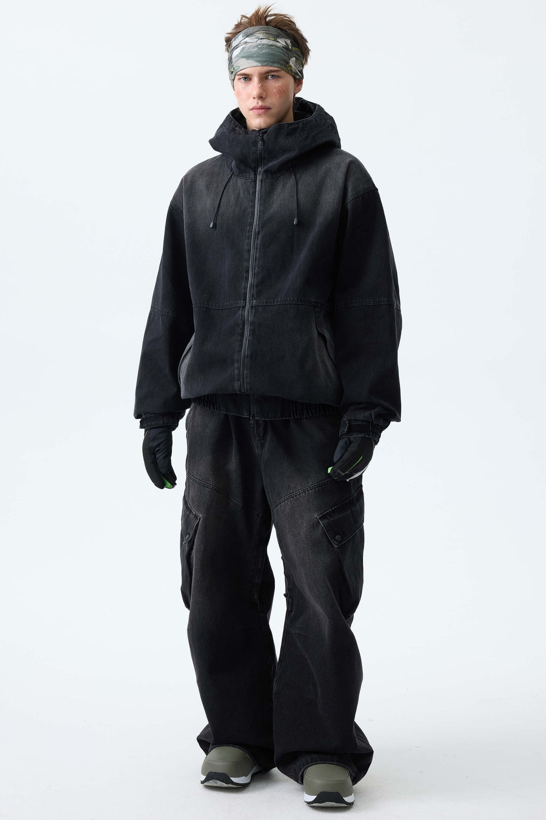 Men's Washed Black Real Denim Vintage Utility Snow Jackets