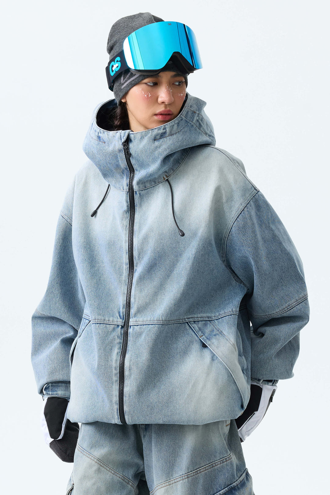 Women's Washed Black Real Denim Vintage Utility Snow Jackets