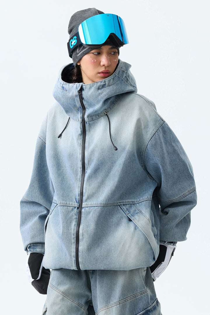 Women's Washed Black Real Denim Vintage Utility Snow Jackets