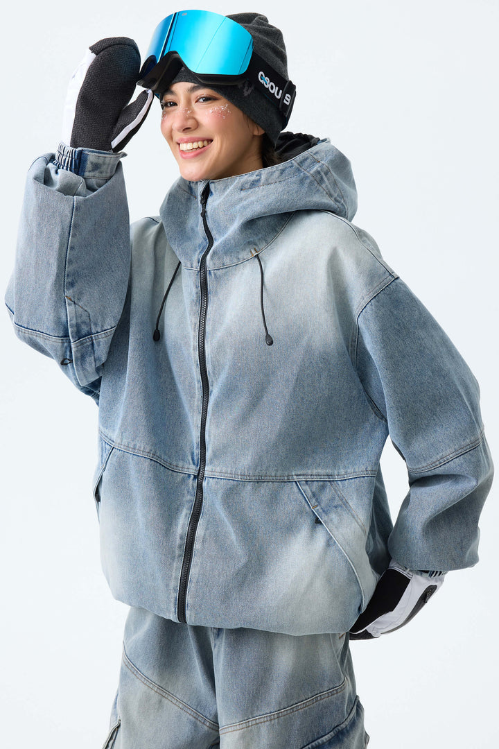 Women's Washed Black Real Denim Vintage Utility Snow Jackets