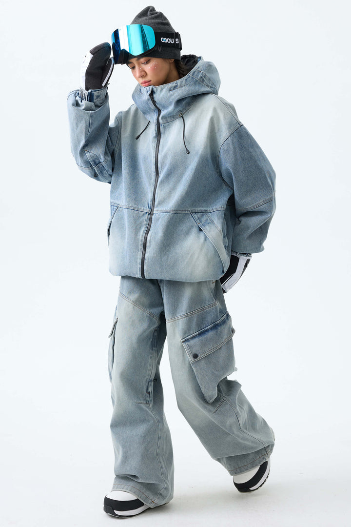 Women's Washed Black Real Denim Vintage Utility Snow Jackets