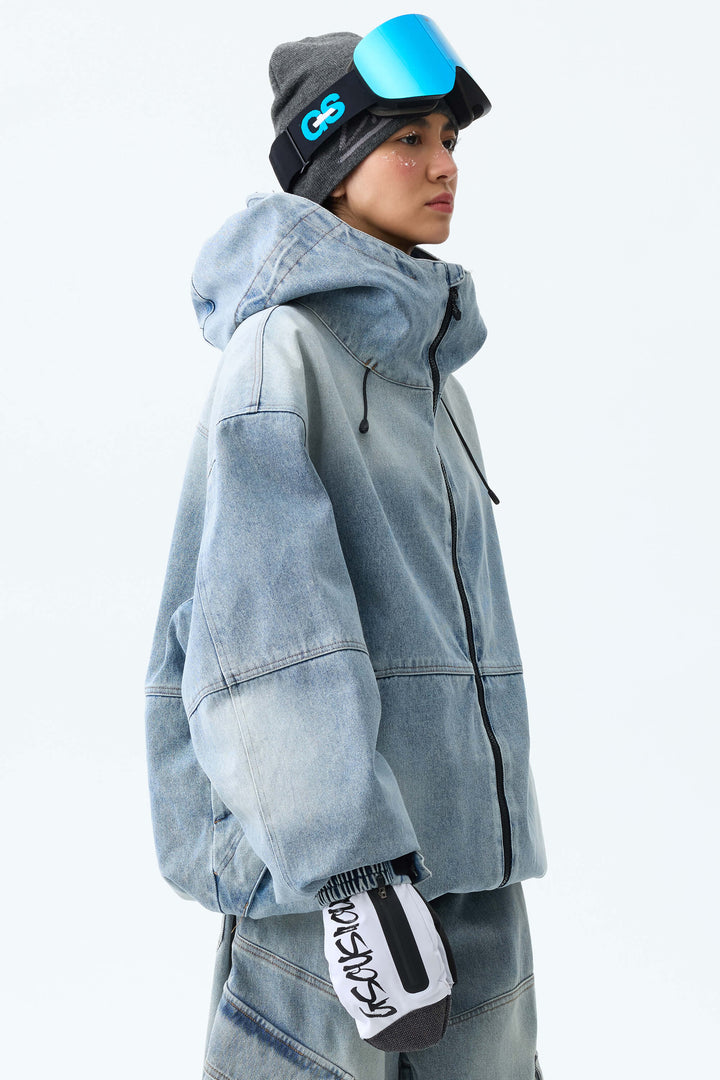 Women's Washed Black Real Denim Vintage Utility Snow Jackets