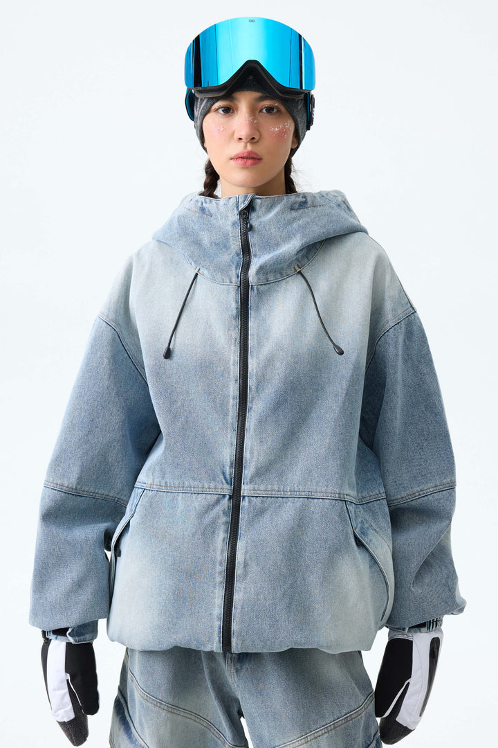 Women's Light Blue Wash Real Denim Vintage Utility Snow Jackets