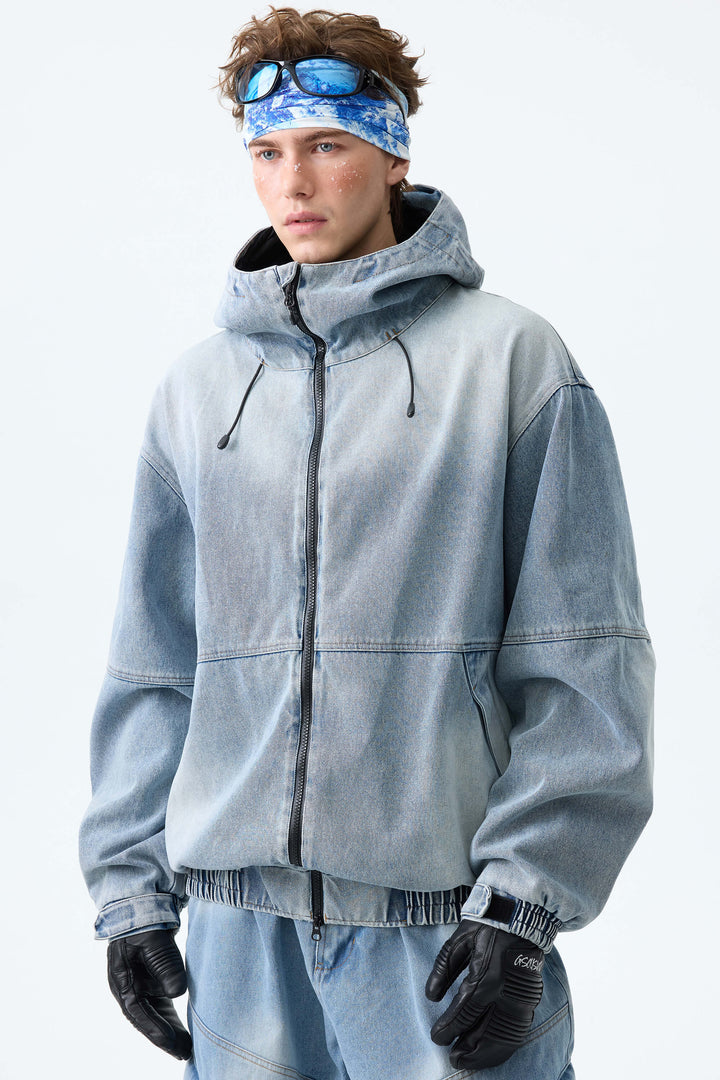 Men's Washed Black Real Denim Vintage Utility Snow Jackets
