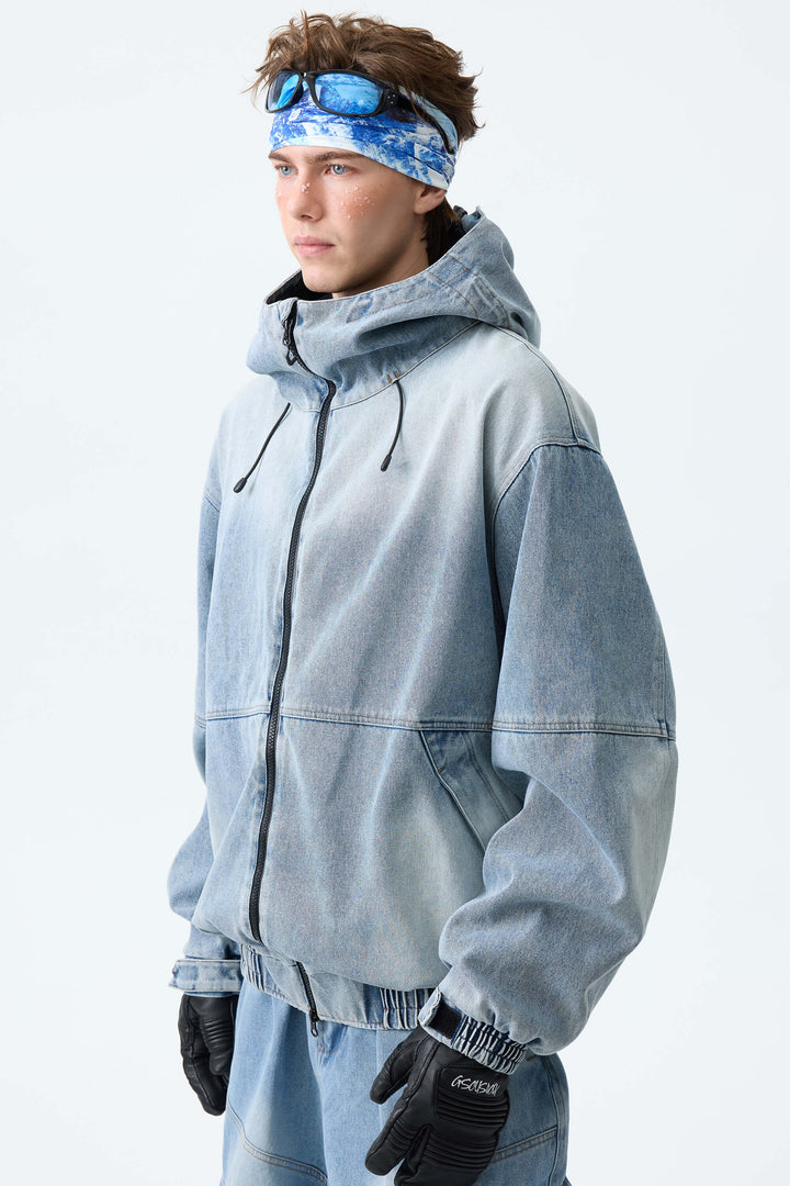 Men's Washed Black Real Denim Vintage Utility Snow Jackets