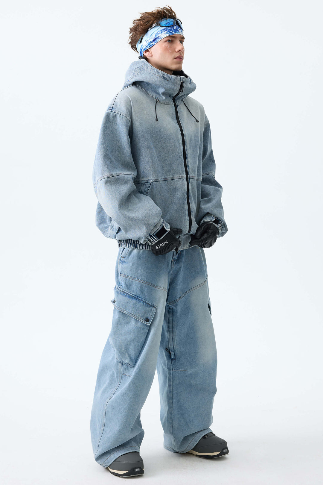 Men's Washed Black Real Denim Vintage Utility Snow Jackets