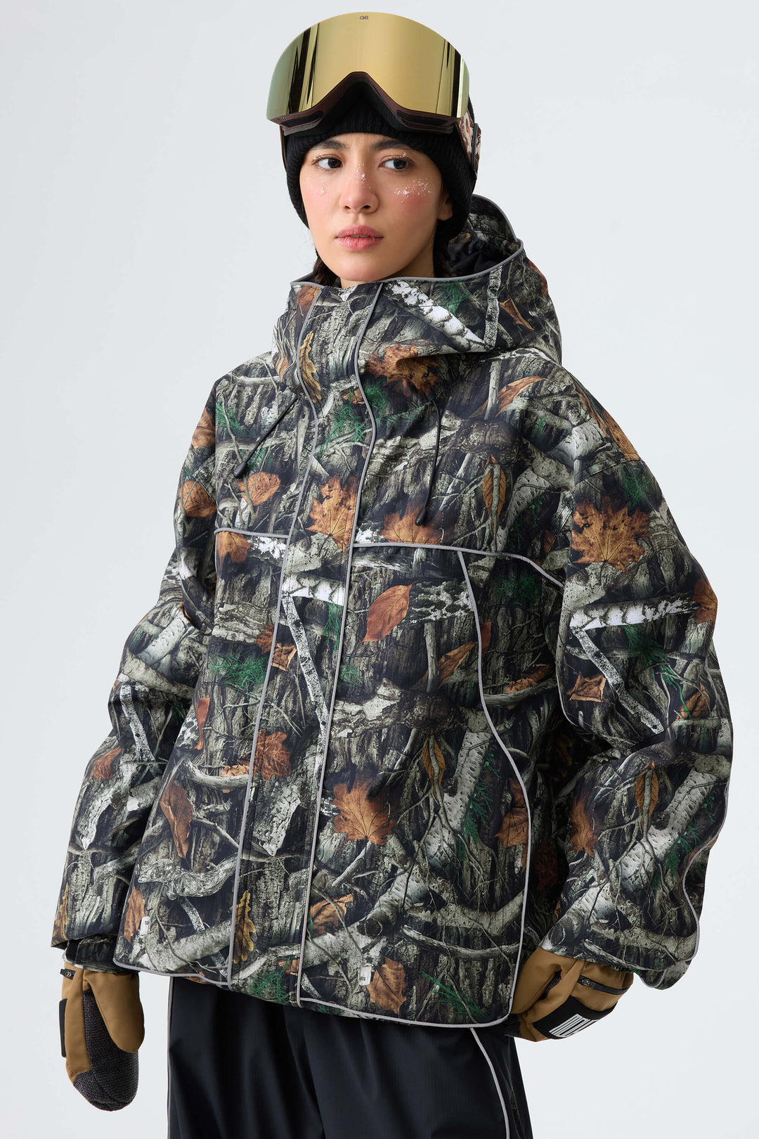 Women's Brown Reflective Piping Insulated Snow Jacket
