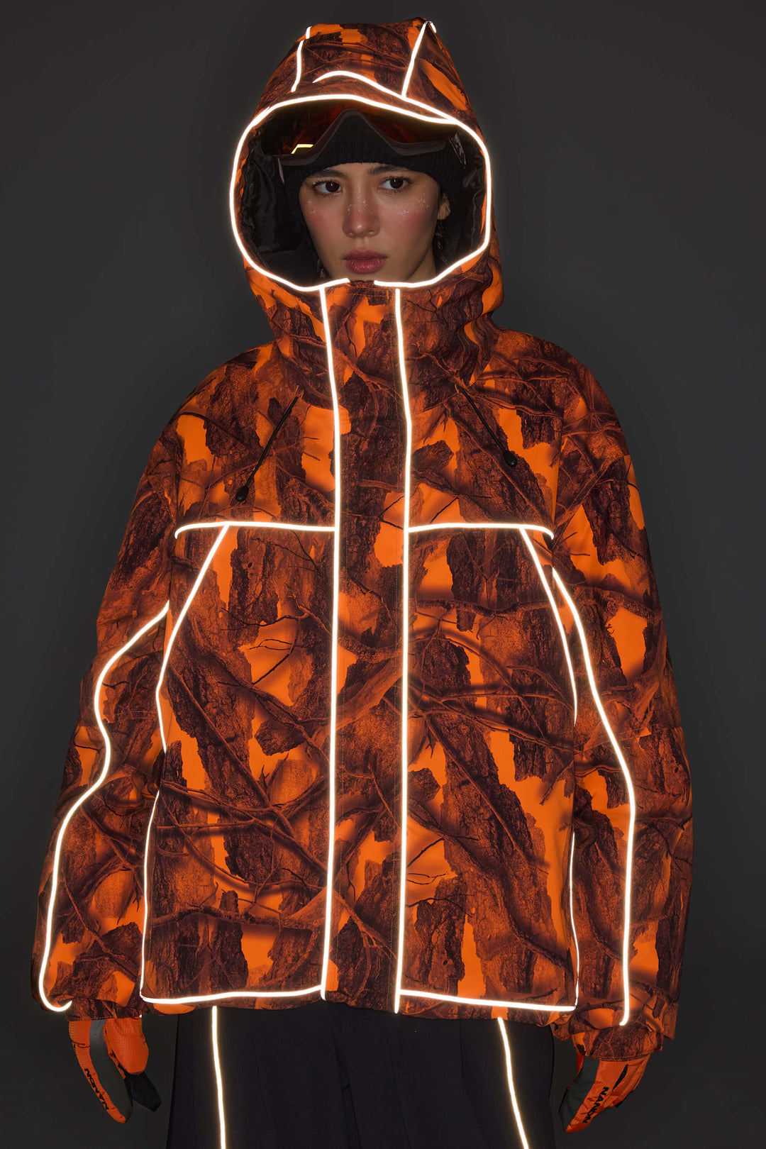 Women's Brown Reflective Piping Insulated Snow Jacket