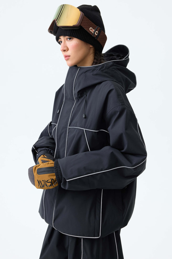 Women's Black Reflective Piping Insulated Snow Jacket
