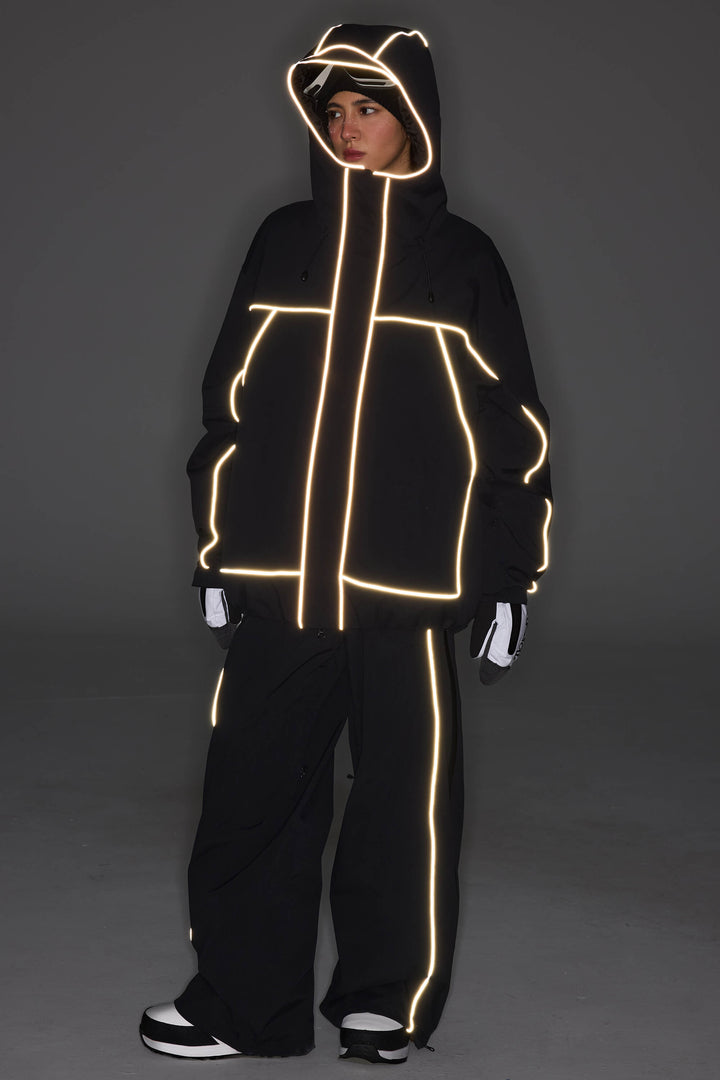 Women's Black Reflective Piping Insulated Snow Jacket