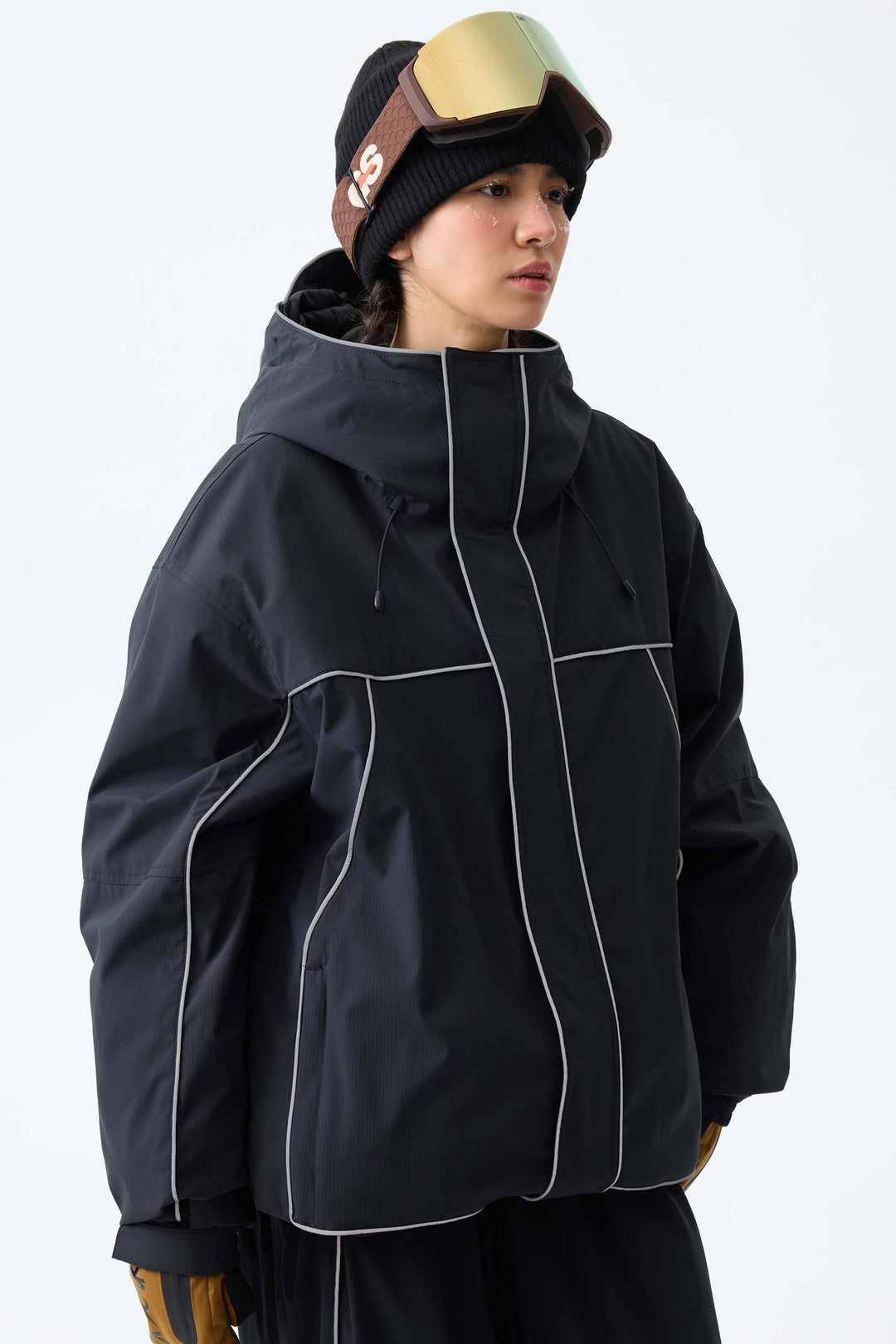 Women's Black Reflective Piping Insulated Snow Jacket