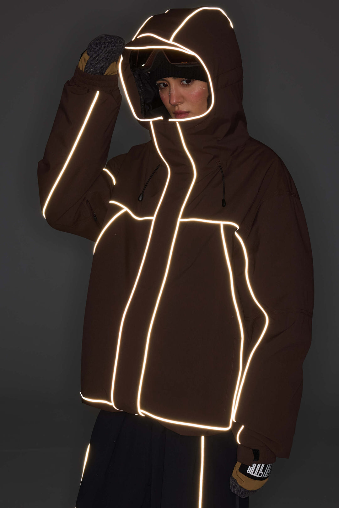 Women's Brown Reflective Piping Insulated Snow Jacket
