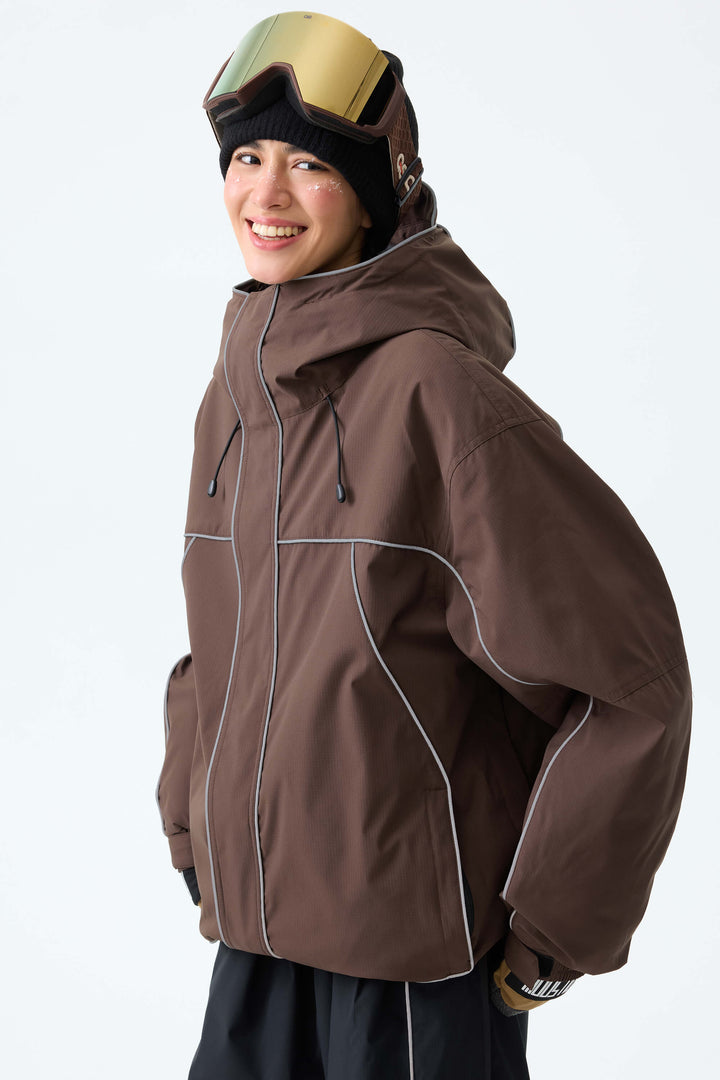 Women's Brown Reflective Piping Insulated Snow Jacket