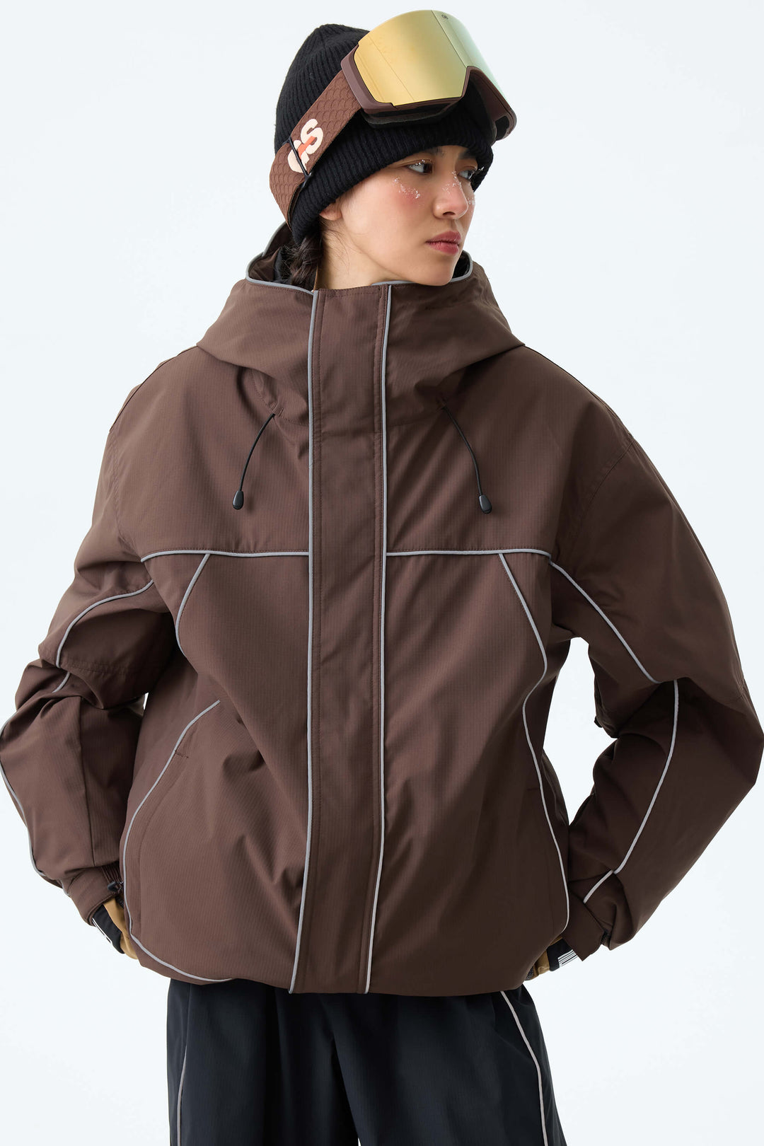 Women's Brown Reflective Piping Insulated Snow Jacket