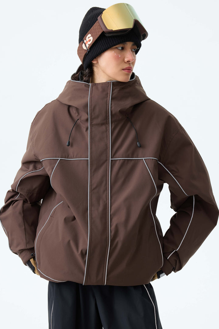 Women's Brown Reflective Piping Insulated Snow Jacket