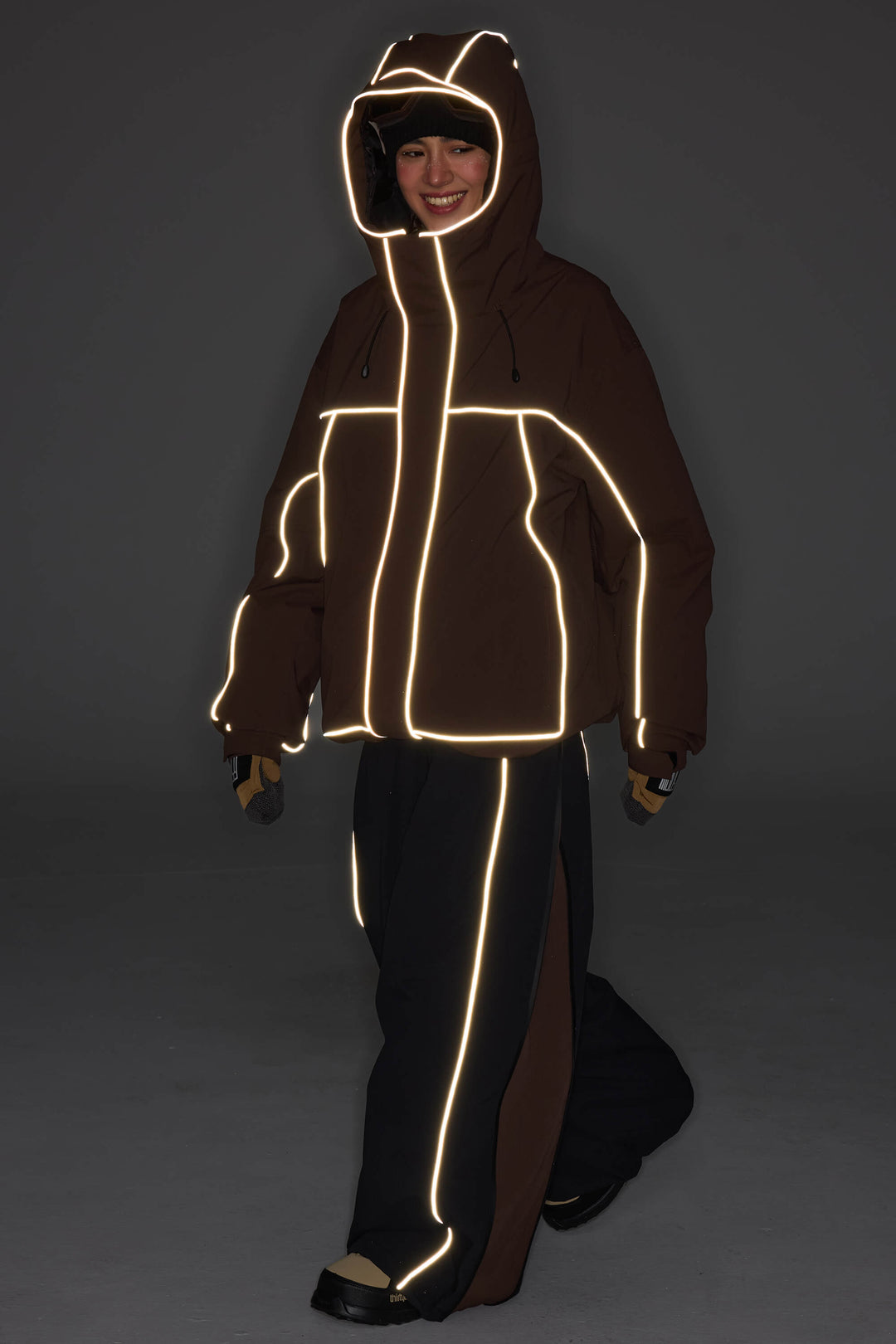 Women's Brown Reflective Piping Insulated Snow Jacket