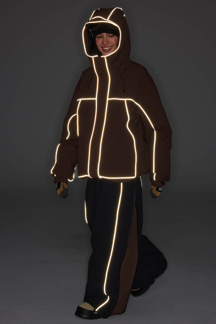 Women's Brown Reflective Piping Insulated Snow Jacket