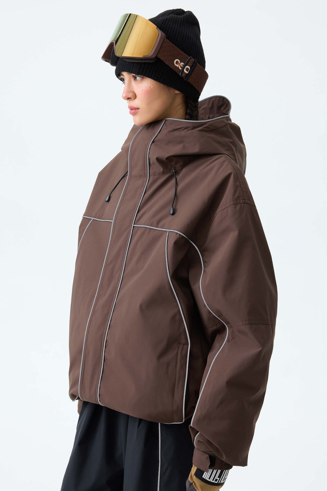 Women's Brown Reflective Piping Insulated Snow Jacket