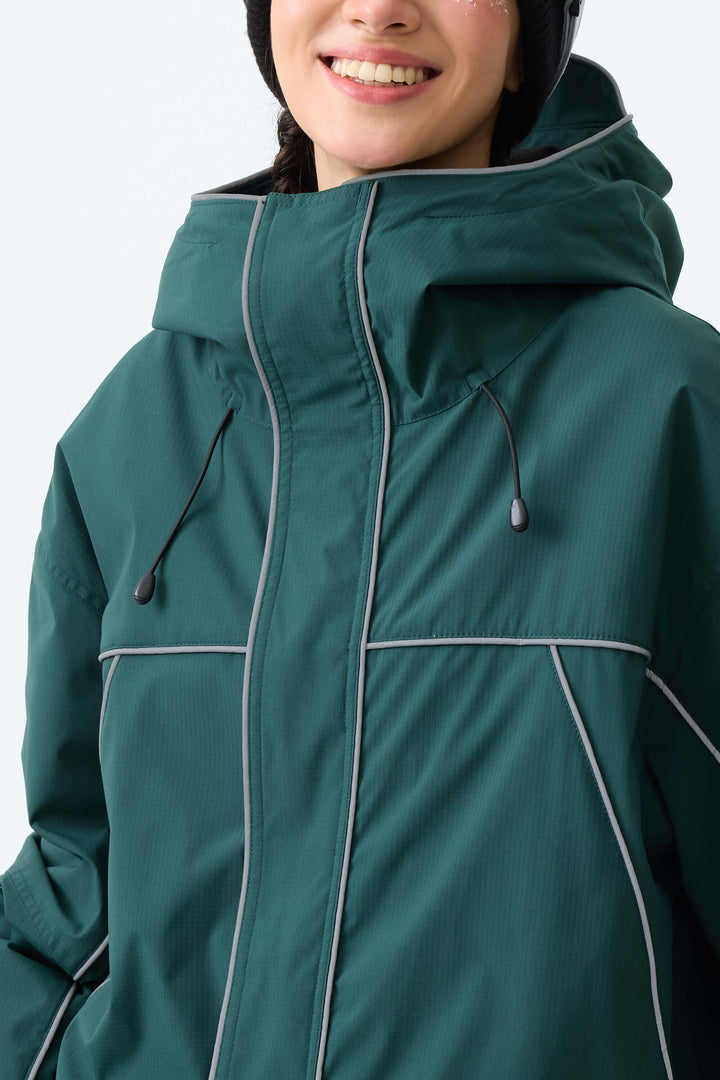 Women's Dark Green Reflective Piping Insulated Snow Jacket