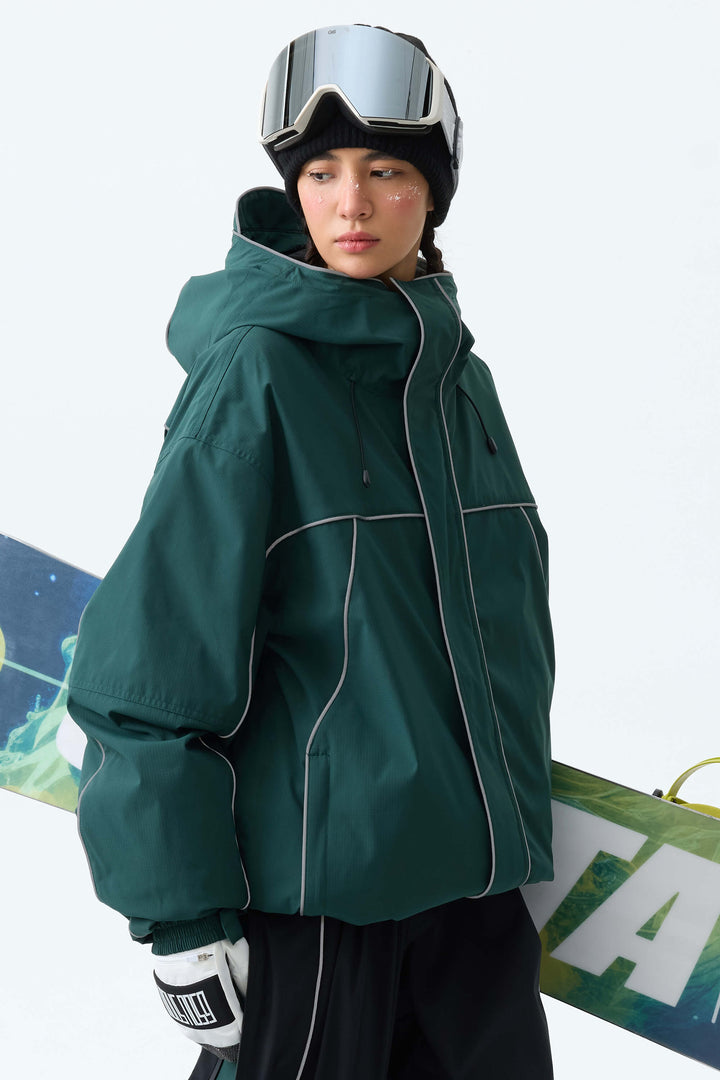 Women's Dark Green Reflective Piping Insulated Snow Jacket