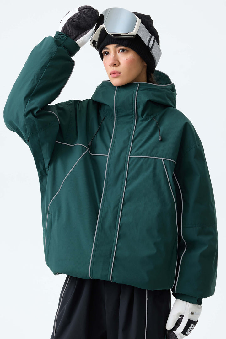 Women's Dark Green Reflective Piping Insulated Snow Jacket