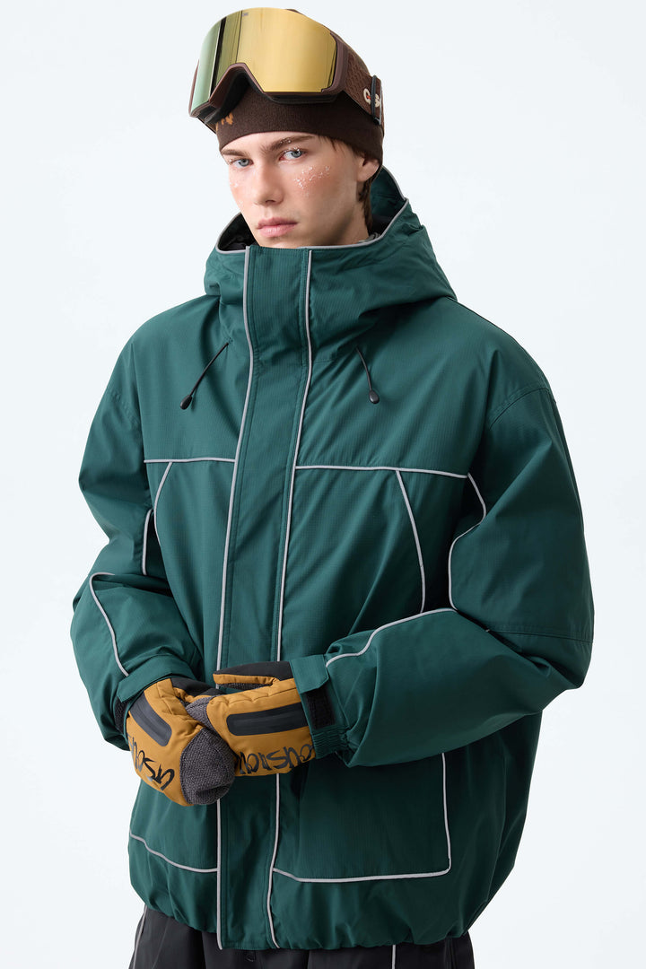 Men's Dark Green Reflective Piping Insulated Snow Jacket