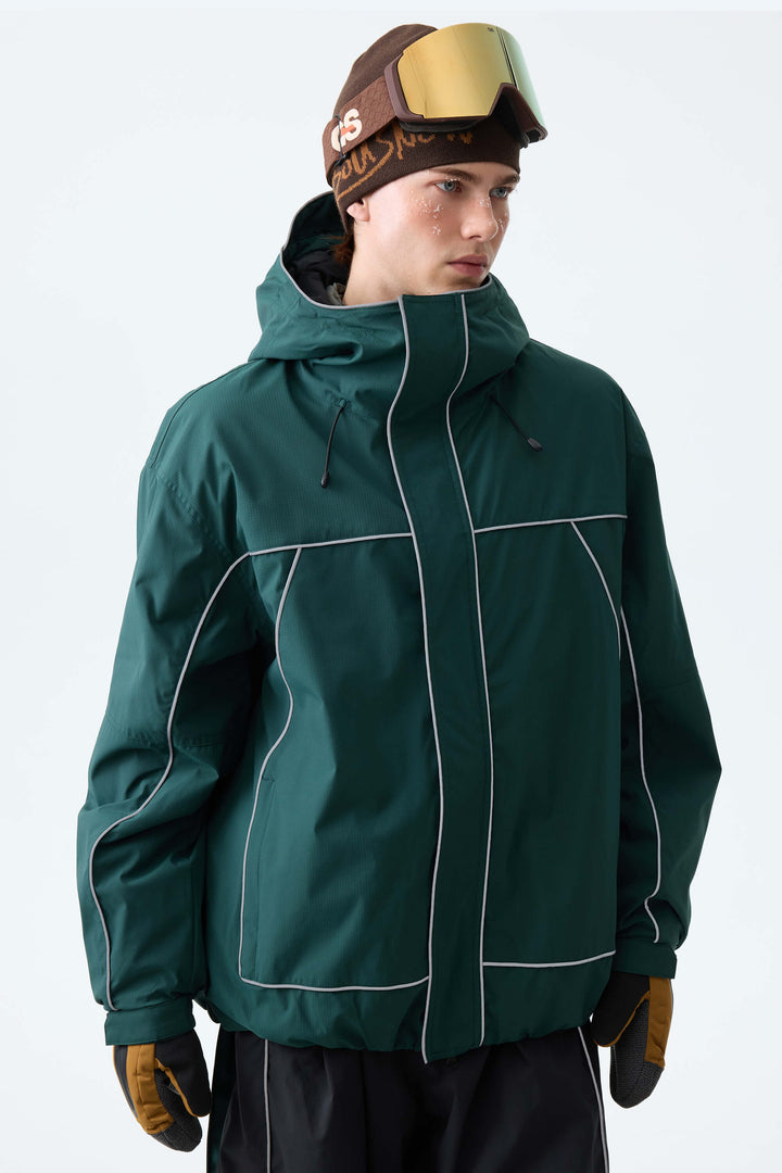 Men's Dark Green Reflective Piping Insulated Snow Jacket