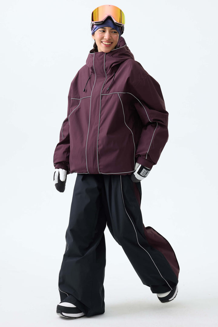 Women's Brown Reflective Piping Insulated Snow Jacket
