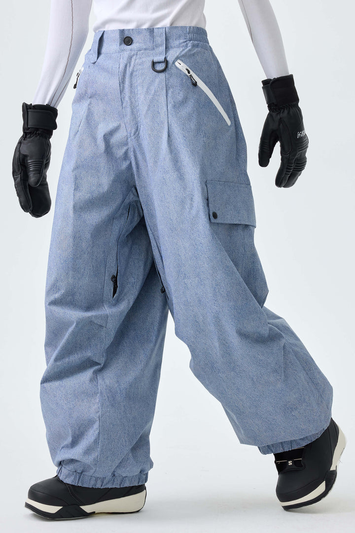 Women's Ice Blue Baggy Wear-resistant Waterproof Snow Pants