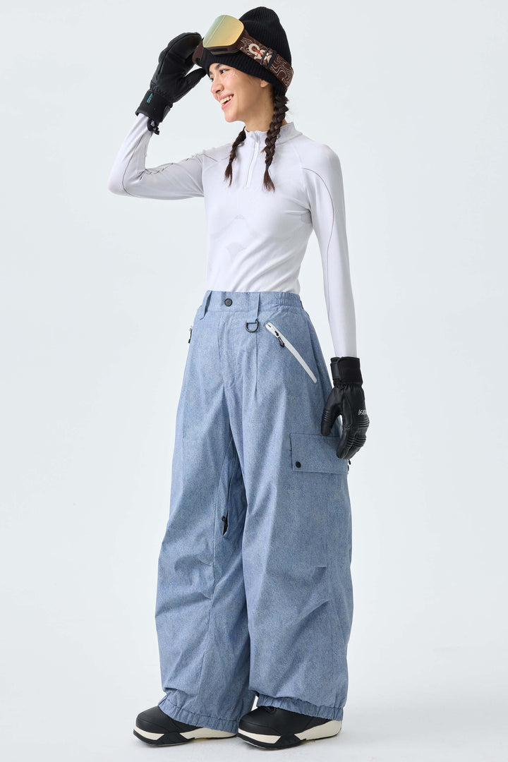 Women's Ice Blue Baggy Wear-resistant Waterproof Snow Pants