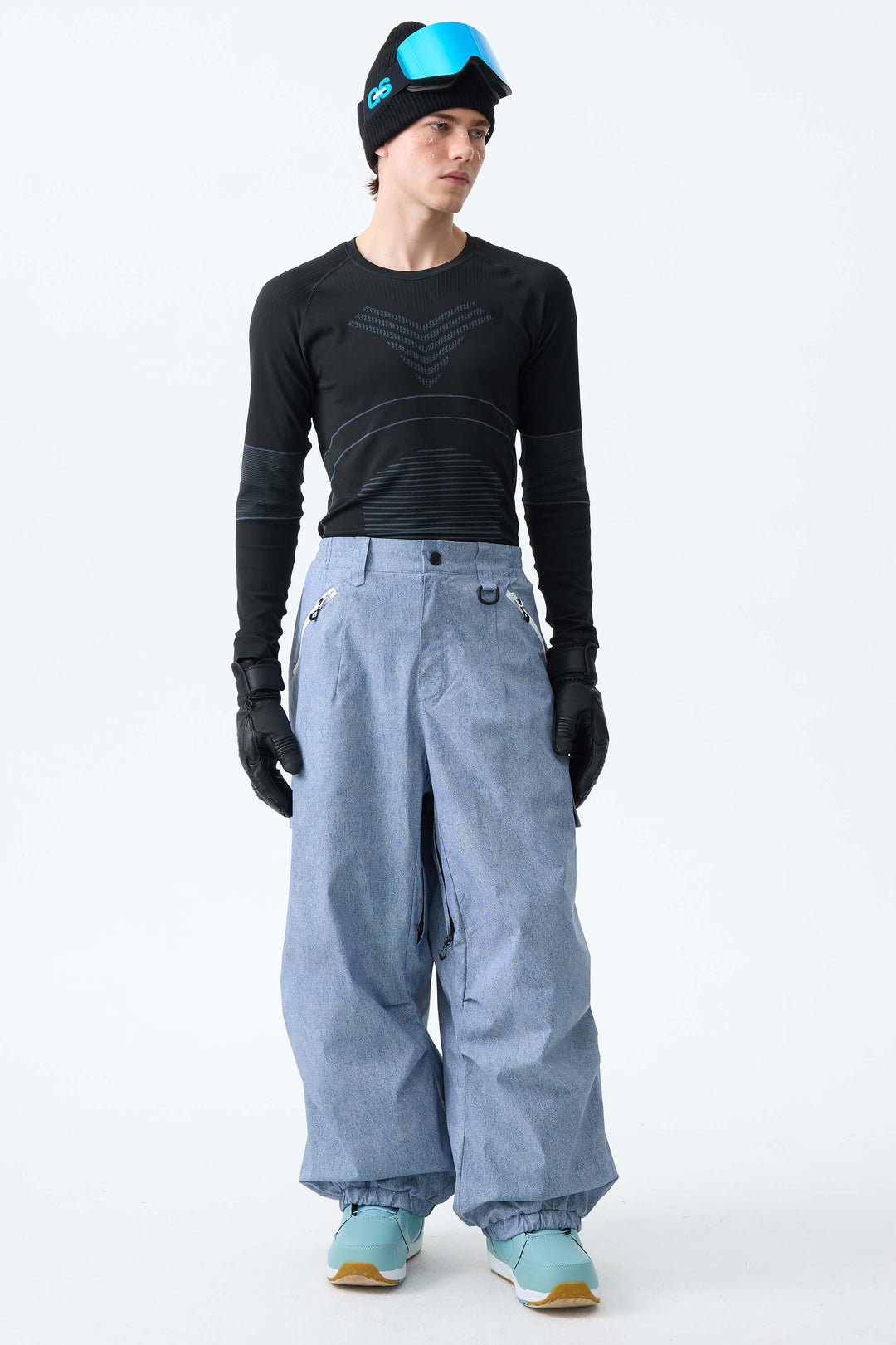 Men's Ice Blue Baggy Wear-resistant Waterproof Snow Pants