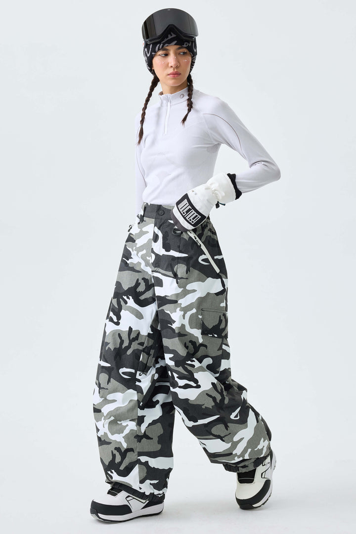 Women's Ice Blue Baggy Wear-resistant Waterproof Snow Pants