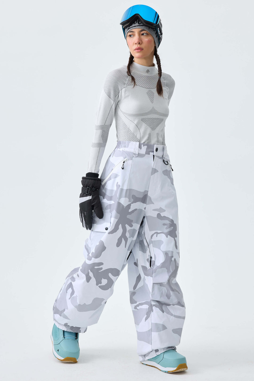 Women's Ice Blue Baggy Wear-resistant Waterproof Snow Pants