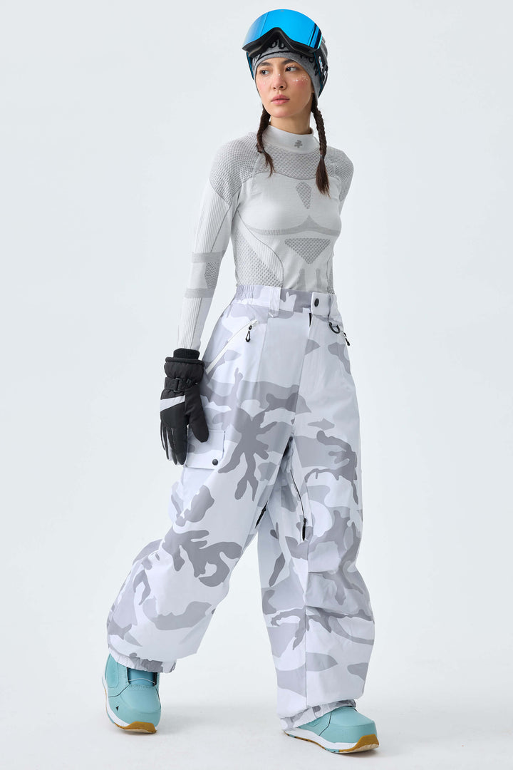 Women's Ice Blue Baggy Wear-resistant Waterproof Snow Pants