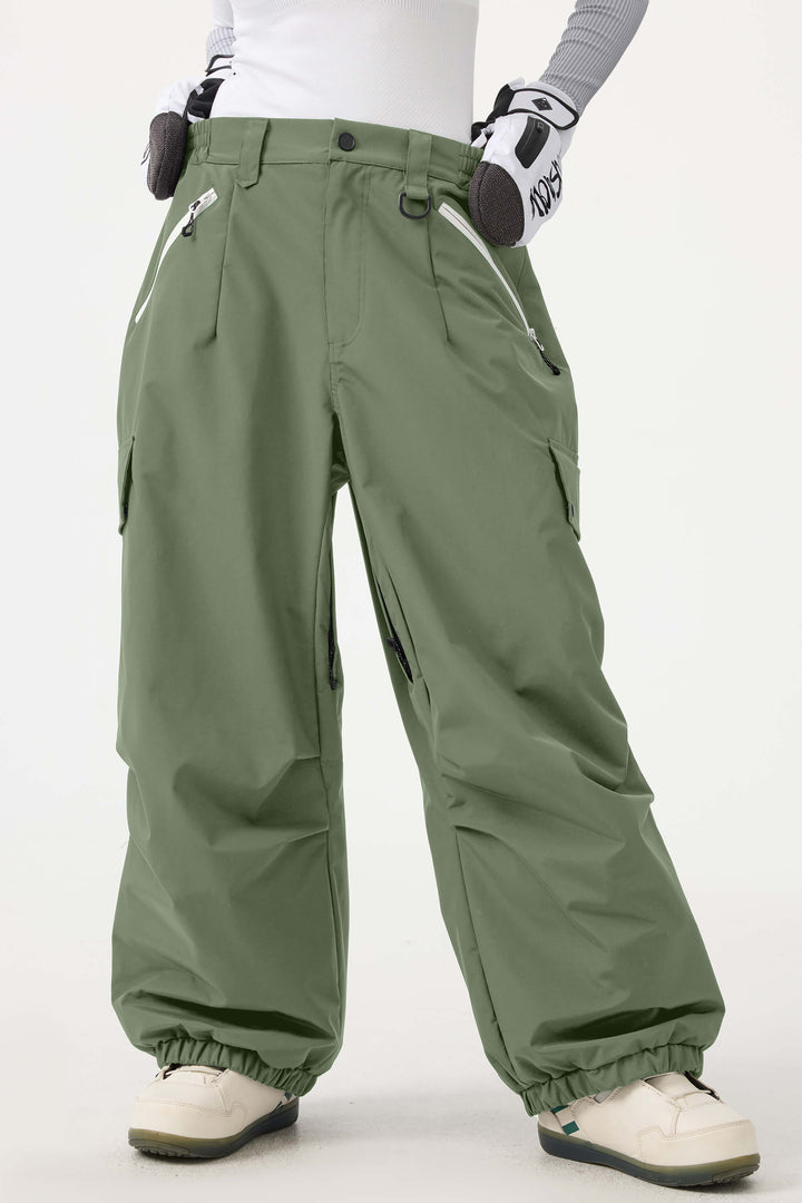 Women's Dark Green Baggy Wear-resistant Waterproof Snow Pants