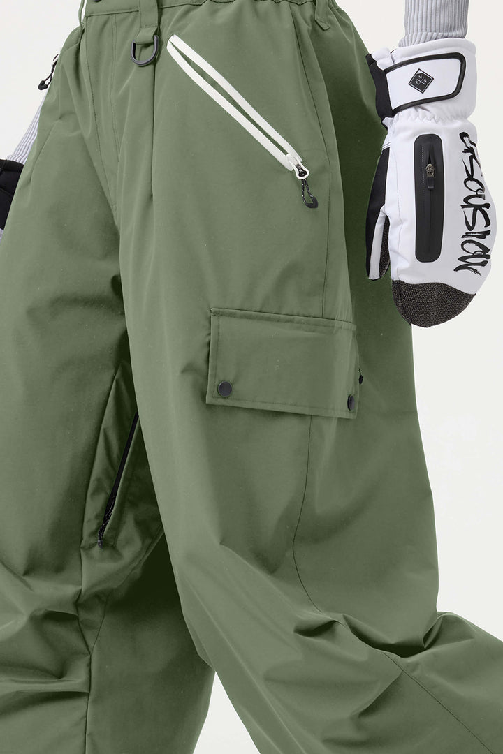 Women's Dark Green Baggy Wear-resistant Waterproof Snow Pants