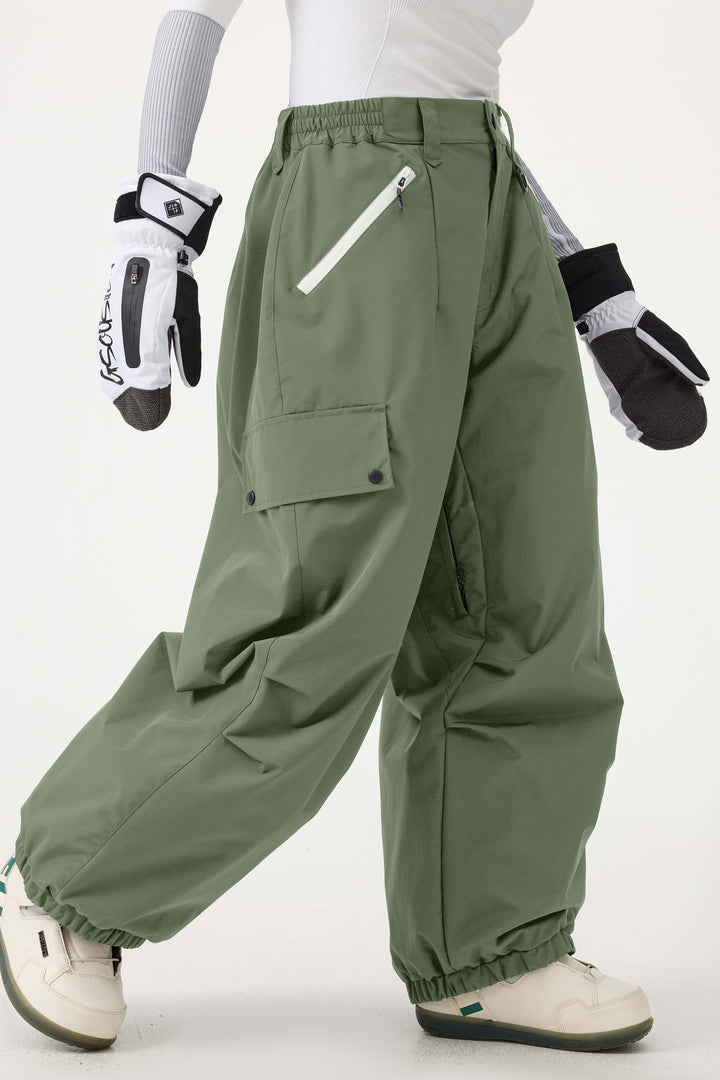 Women's Dark Green Baggy Wear-resistant Waterproof Snow Pants